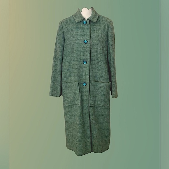 EUC! WOMEN’S VINTAGE GRAYISH-GREEN TWEED WOOL LONG COAT - Picture 5 of 11